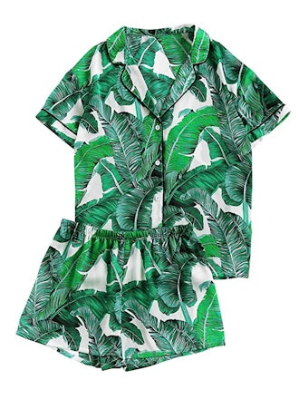 Floerns Women's Notch Collar Palm Leaf Print Sleepwear