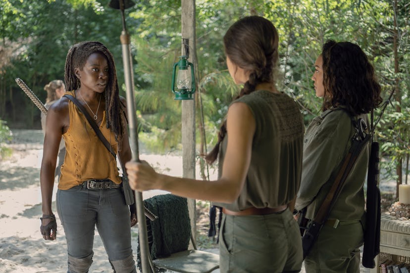 Danai Gurira as Michonne, Sydney Park as Cyndie, and Avianna Mynhier as Rachel in The Walking Dead S...