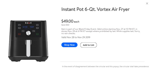 Walmart's Black Friday 2019 sale includes a deep discount on the Instant Pot Vortex Air Fryer