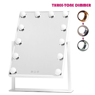 HOLLYWOOD MIRROR Y5003001-3040 Lighted Vanity, Three-Tone Dimmer Makeup Mirror, 12" W x 16" H, White