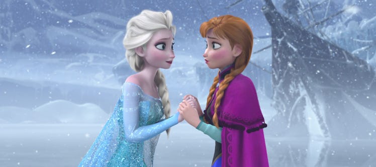 Anna and Elsa from 'Frozen' hold hands outside as it snows, inspiring some frozen quotes about siste...