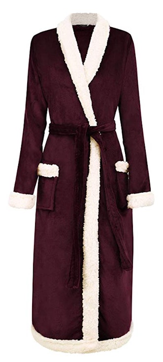 BURKLETT Luxury Faux Fur/Sherpa Trim Fleece Long Bath Robe with Pocket