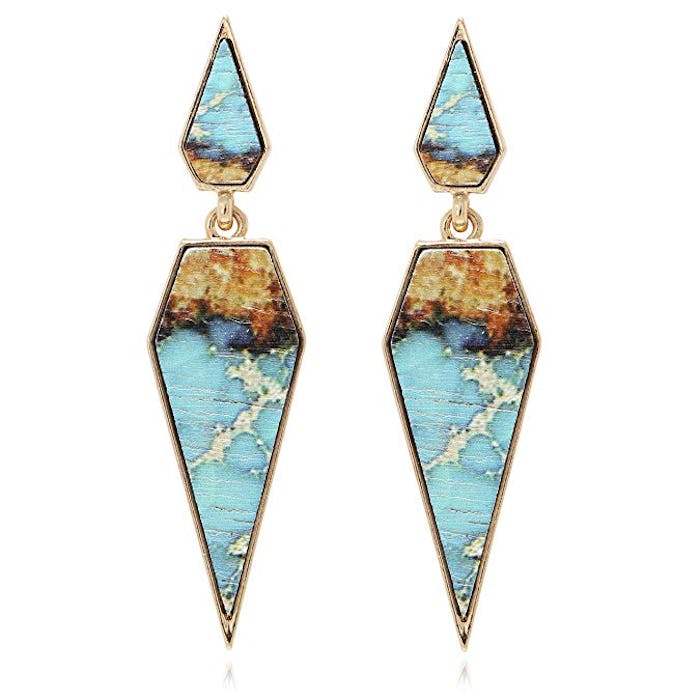 BONALUNA Bohemian Wood And Marble Effect Pentagon Shaped Drop Statement Earrings