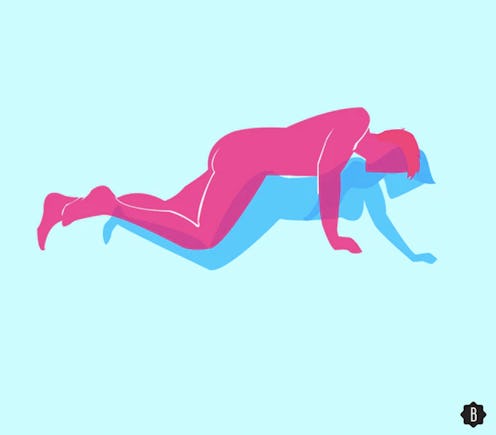 A drawn image of a couple in modified doggy position. 