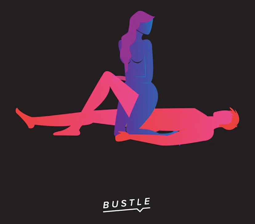 A drawn image of a person straddling her partner's leg during sex. 