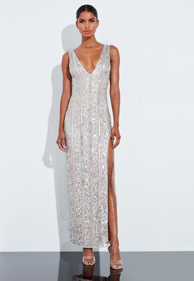 Peace + Love Silver Plunge Embellished Split Maxi Dress