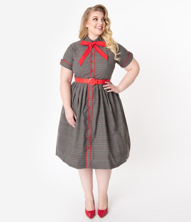 Plus Size Grey Plaid Button Front Swing Dress