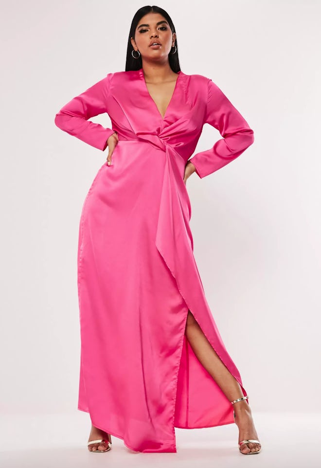 Plus Size Pink Satin Thigh Split Maxi Dress