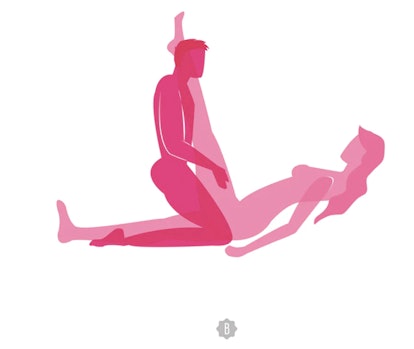 A drawn image of two people doing the splitter sex position. 