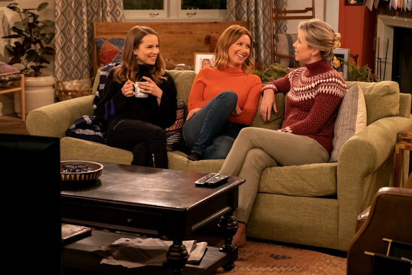 Emmy, Kayla, and Patsy sitting on the couch on Merry Happy Whatever
