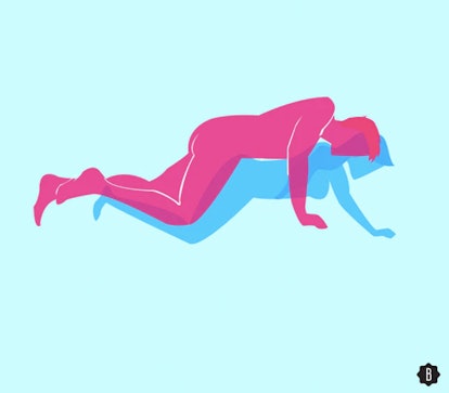 A drawn image of a couple in the modified doggy sex position. 