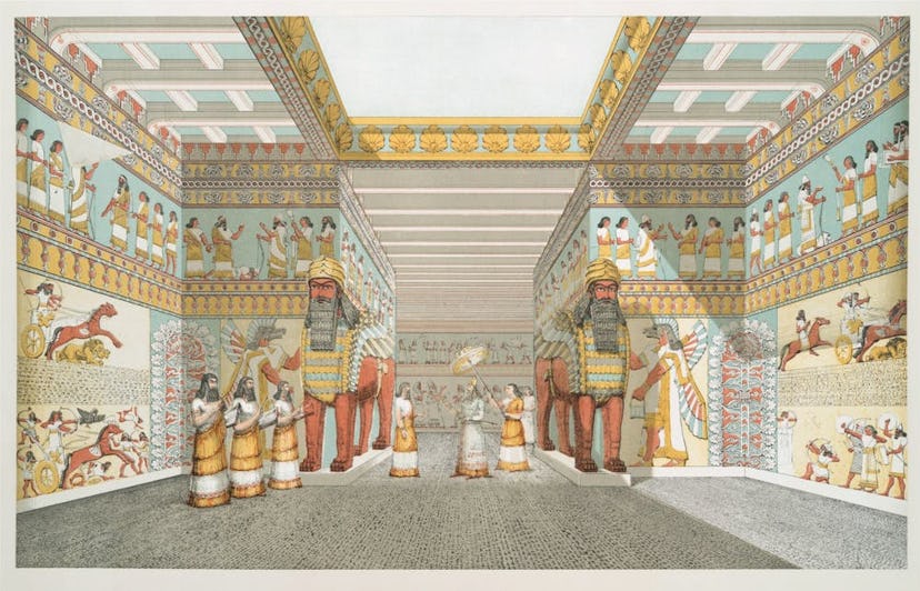An artist’s vision of the interior of an Assyrian palace, based on drawings made in 1849 by Austen H...