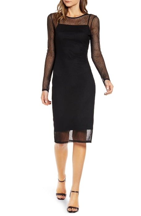 Mesh Overlay Long Sleeve Dress