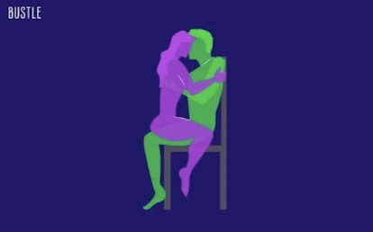 A drawn image of a couple having sex on a chair. 