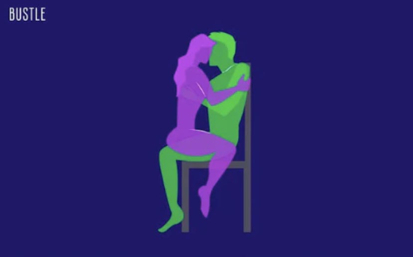 A drawn image of a couple having sex on a chair. 