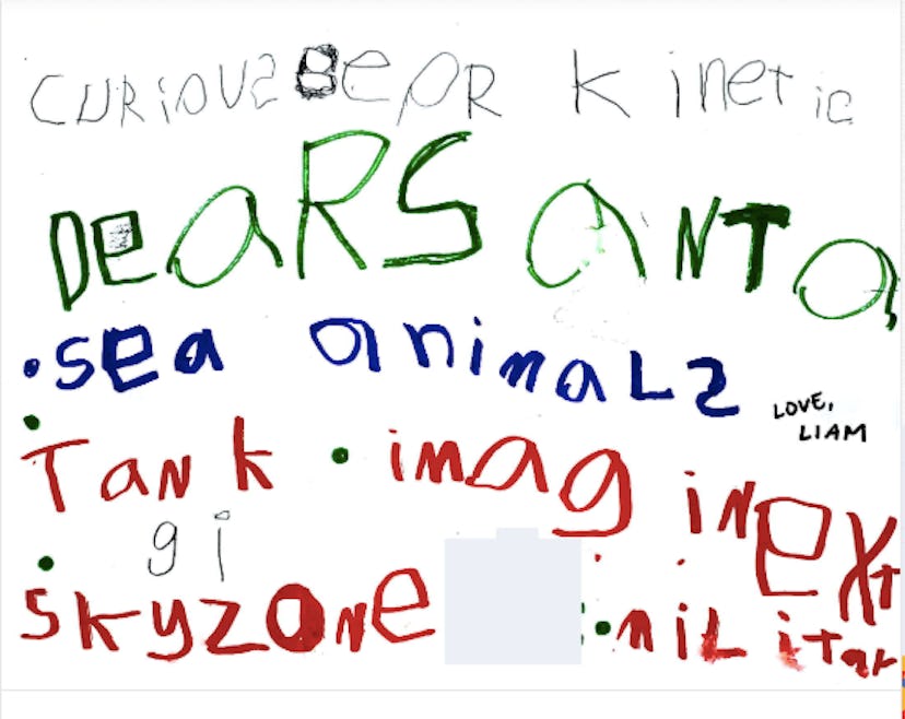 A very young child's letter to Santa, asking for "sea animals" and "sky zone."