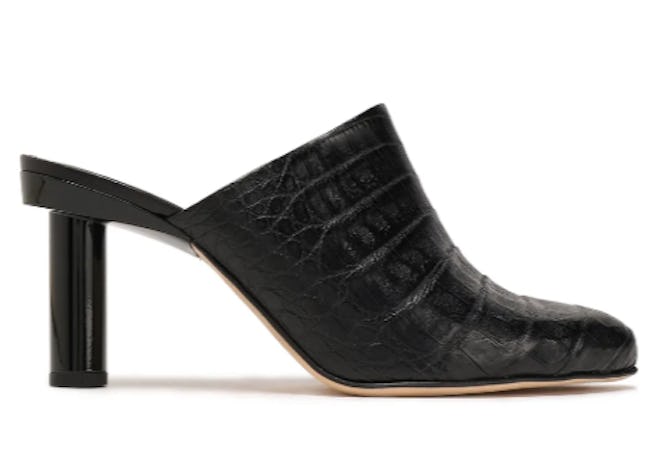 Zoe patent leather-trimmed crocodile mules