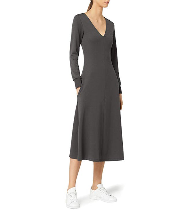 Meraki Women's A-line V-neck Midi Dress with Pockets