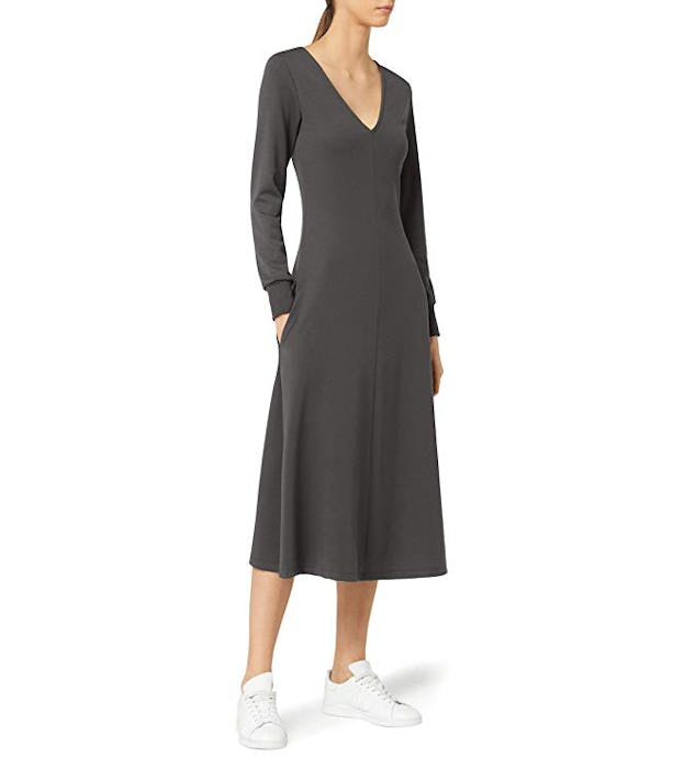 Meraki Women's A-line V-neck Midi Dress with Pockets