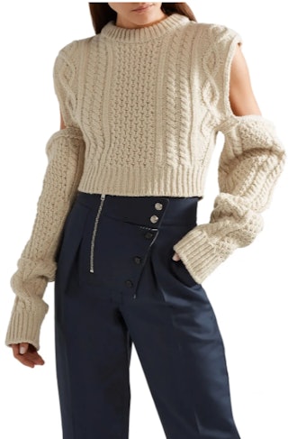 Cropped cold-shoulder cable-knit wool-blend sweater