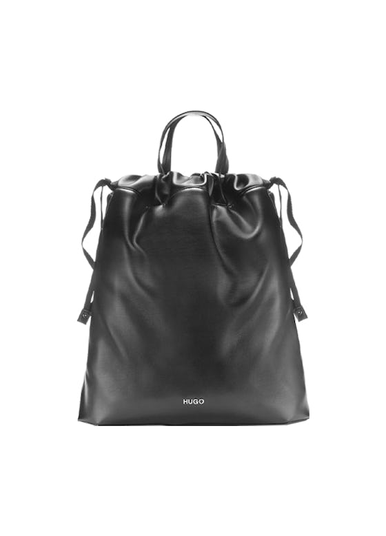 Faux-leather bag with drawstring and striped strap