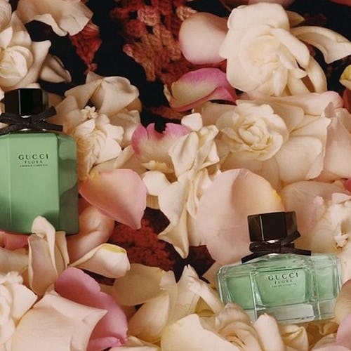 Gucci Flora Emerald Gardenia Limited Edition Next To Other Versions Of This Perfume Placed On Flower...