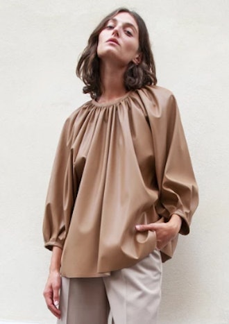 Faux Leather Gathered Neck Top in Camel Brown