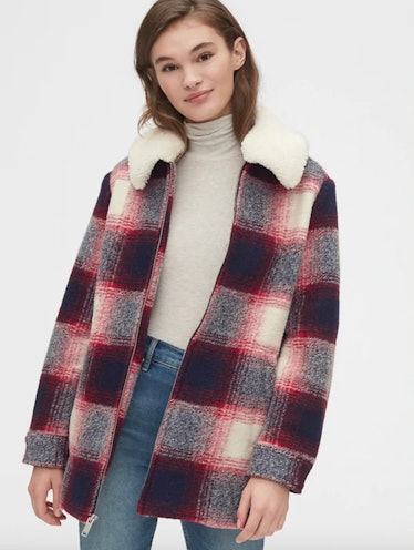 Plaid Wool-Blend Coat with Detachable Sherpa Collar