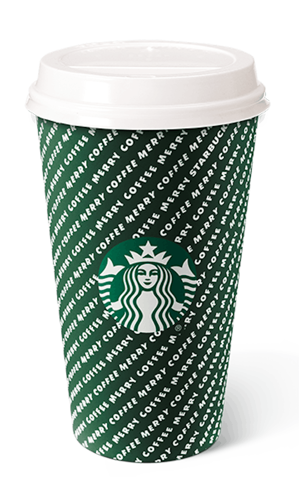 The "merry stripes" holiday cup at Starbucks. 