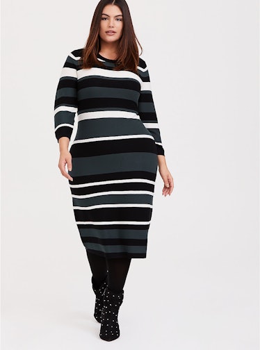 Green Multi Stripe Rib Sweater-Knit Bodycon Dress 