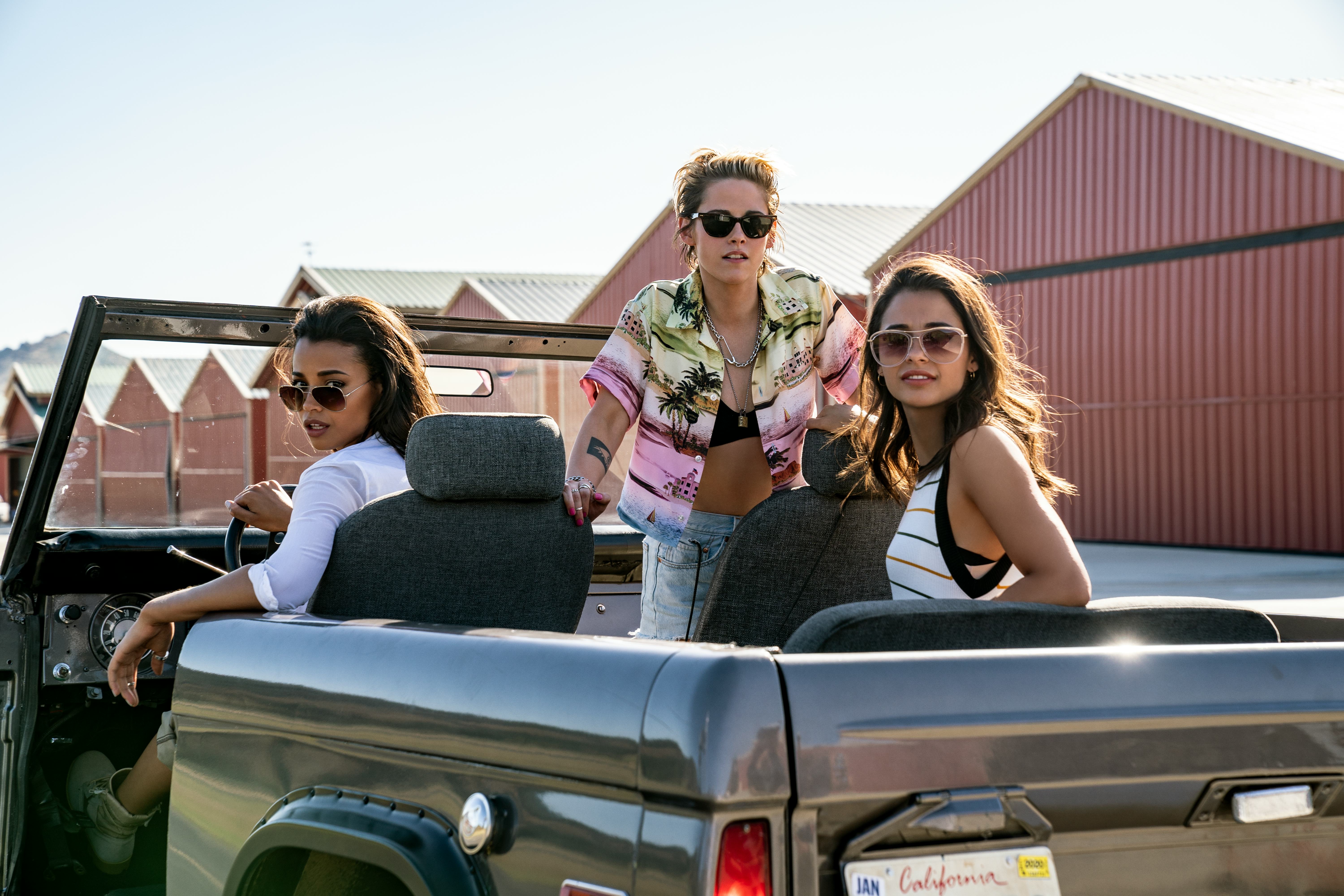 Ella Balinska as Jane, Kristen Stewart as Sabina, and Naomi Scott as Elena in Charlie's Angels