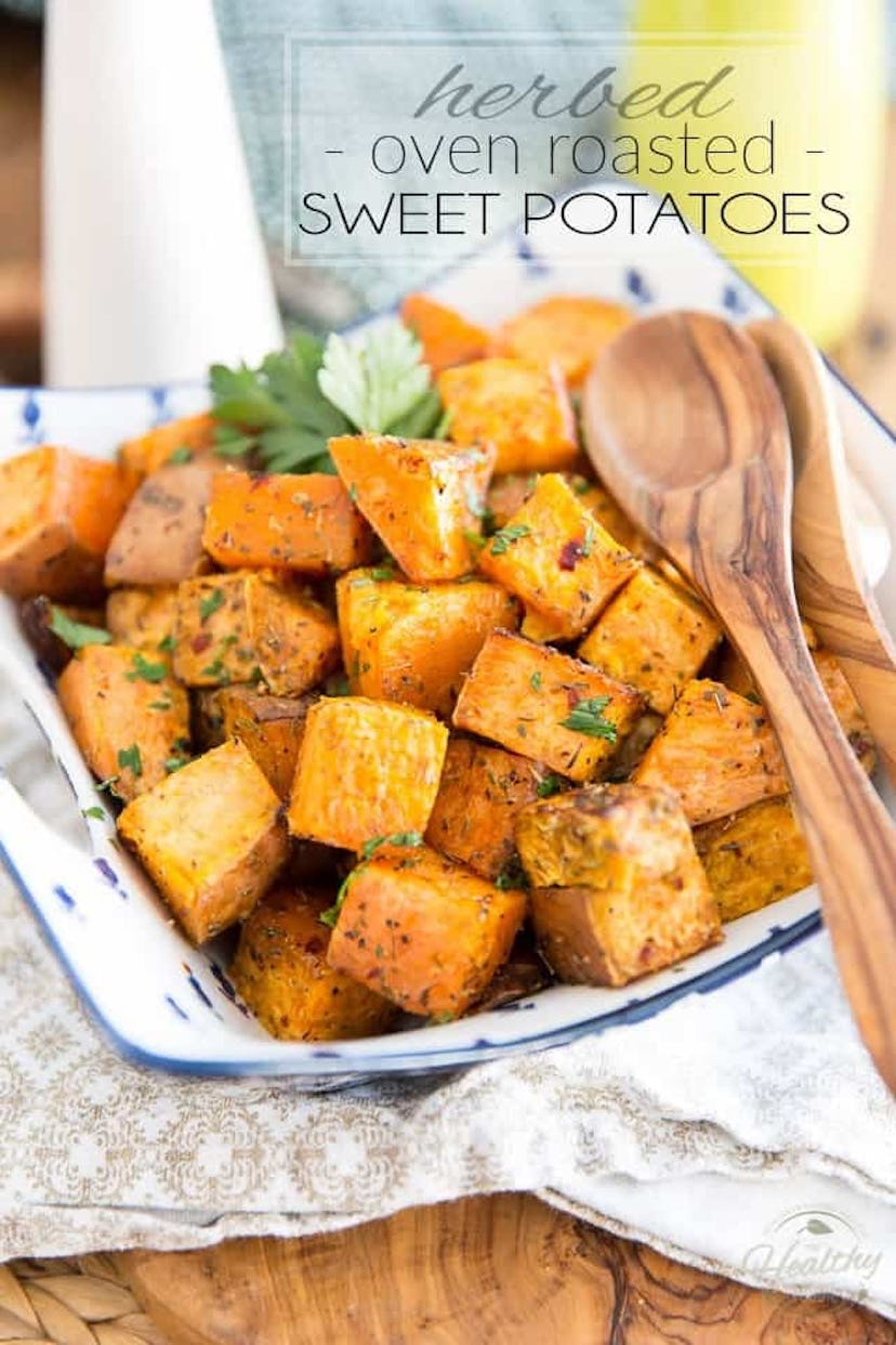 sheet pan thanksgiving sides, herb oven roasted sweet potatoes