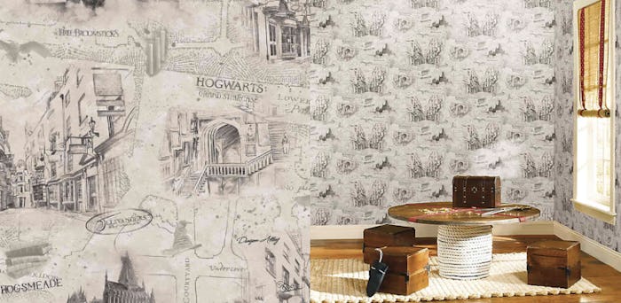 This peel-and-stick Harry Potter wallpaper features maps of Hogsmeade, Hogwarts, & Diagon Alley.