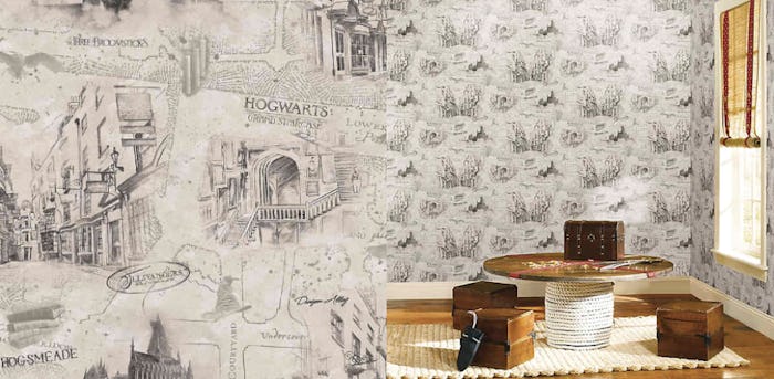 This peel-and-stick Harry Potter wallpaper features maps of Hogsmeade, Hogwarts, & Diagon Alley.