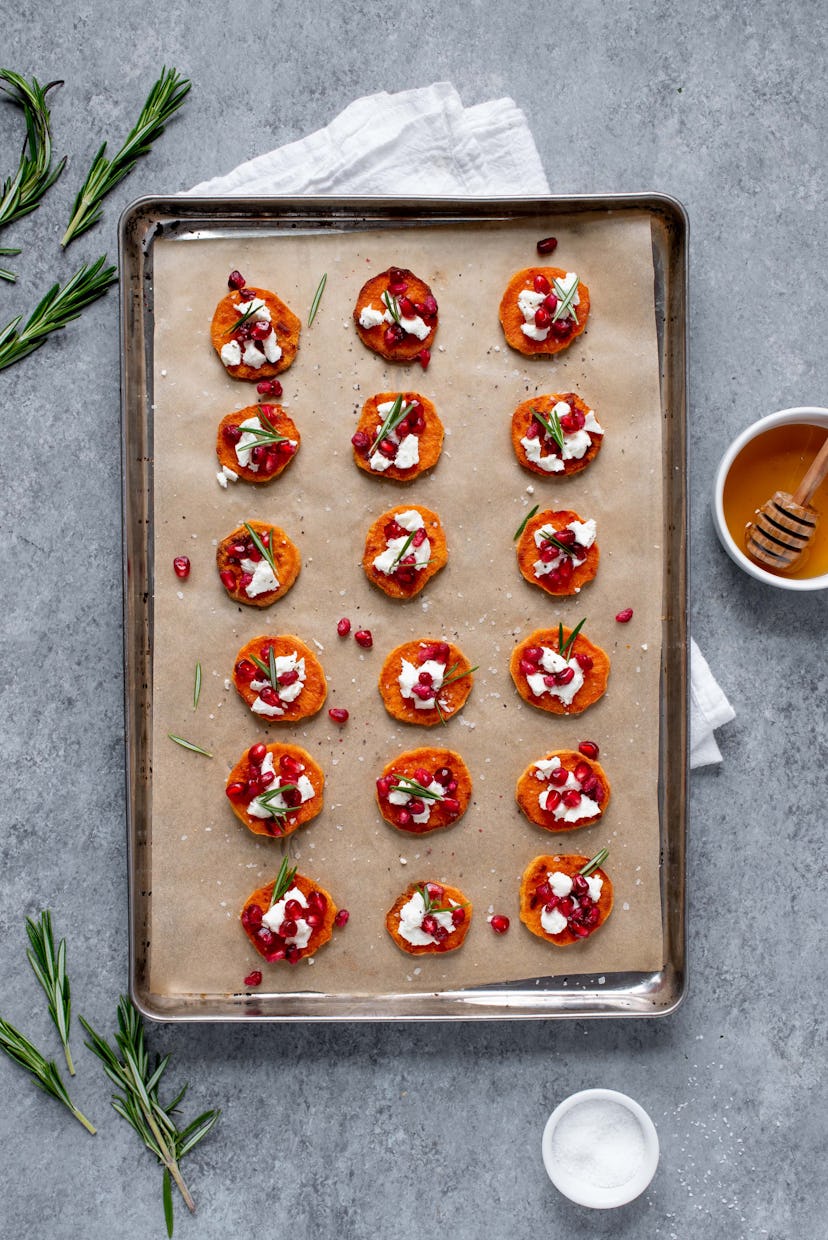 sheet pan thanksgiving sides, sweet potato crostini goat cheese