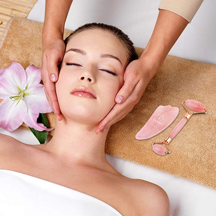 Vanmay Natural Rose Quartz Roller and Gua Sha Set