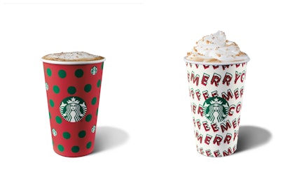The 2019 Starbucks holiday drink menu includes the Eggnog Latte and the Chestnut Praline Latte.