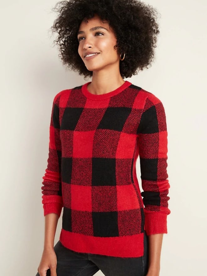 Old Navy Soft-Brushed Crew-Neck Sweater for Women In Red Buffalo Plaid