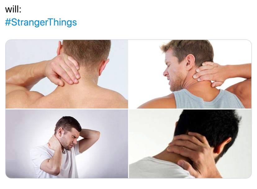 Four images of a man rubbing his neck. 