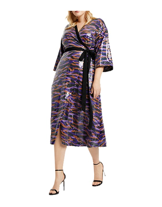 ELOQUII Women's Plus Size Printed Sequin Midi Wrap Dress