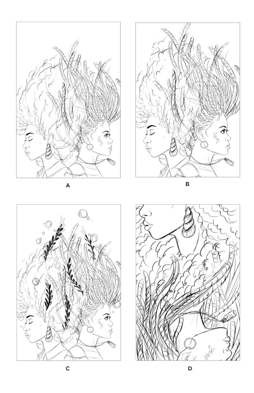 Early sketches of the two friends show the evolution of the "A Song Below Water" cover. 