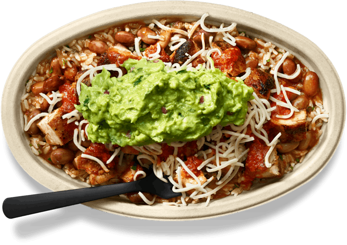 Chipotle bowl with chicken, rice, and guacamole