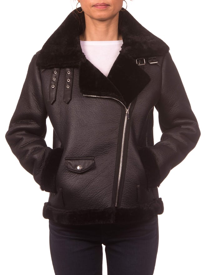 Faux Shearling Moto Jacket with Buckle Collar