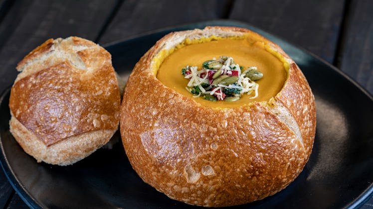 The pumpkin soup in a bread bowl is offered at Disneyland's holiday celebration. 