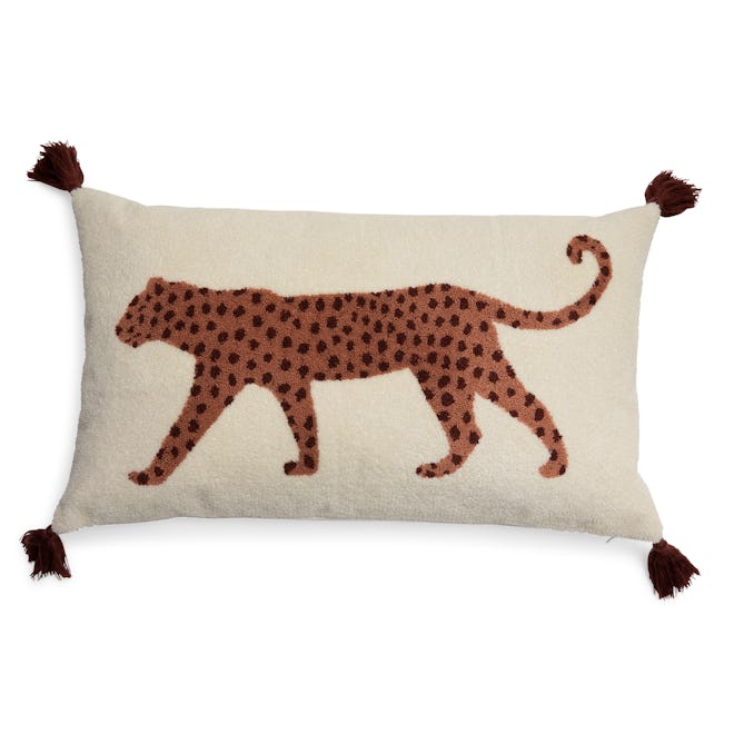 Walking Leopard Boucle Embroidered Decorative Throw Pillow, 24x14"