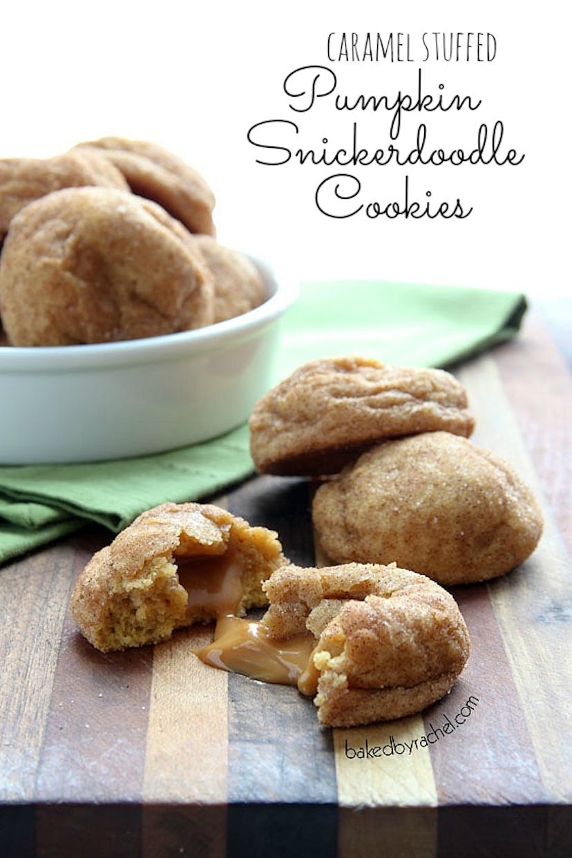 Thanksgiving sheet pan recipes, four caramel stuffed pumpkin snickerdoodle cookies stacked in a pile...