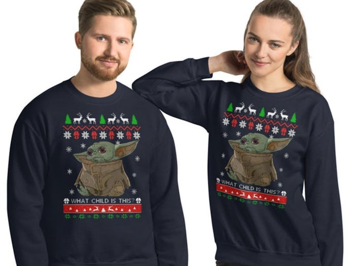 The Baby Yoda Christmas sweater is full of Christmas puns.