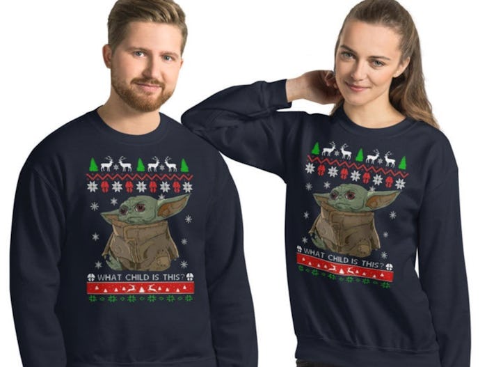 The Baby Yoda Christmas sweater is full of Christmas puns.