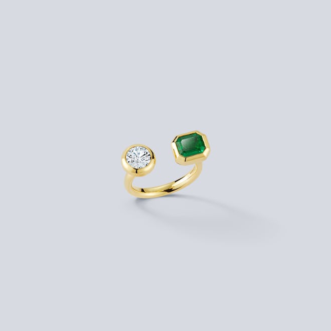 Bespoke Emerald and Diamond Bezel Set Open Ring