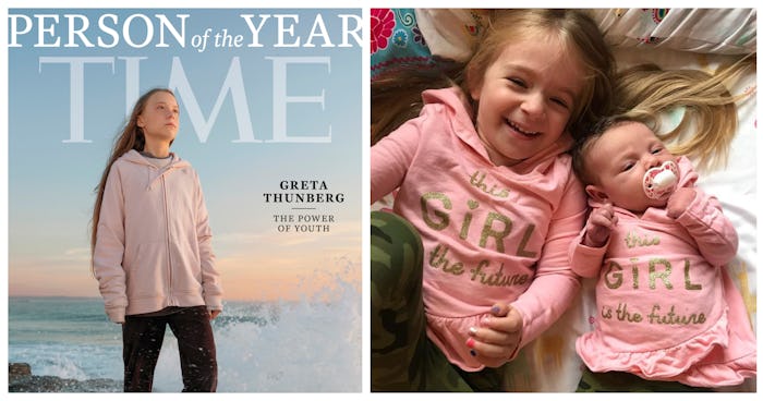 Greta Thunberg stands on edge of ocean; two young girls play